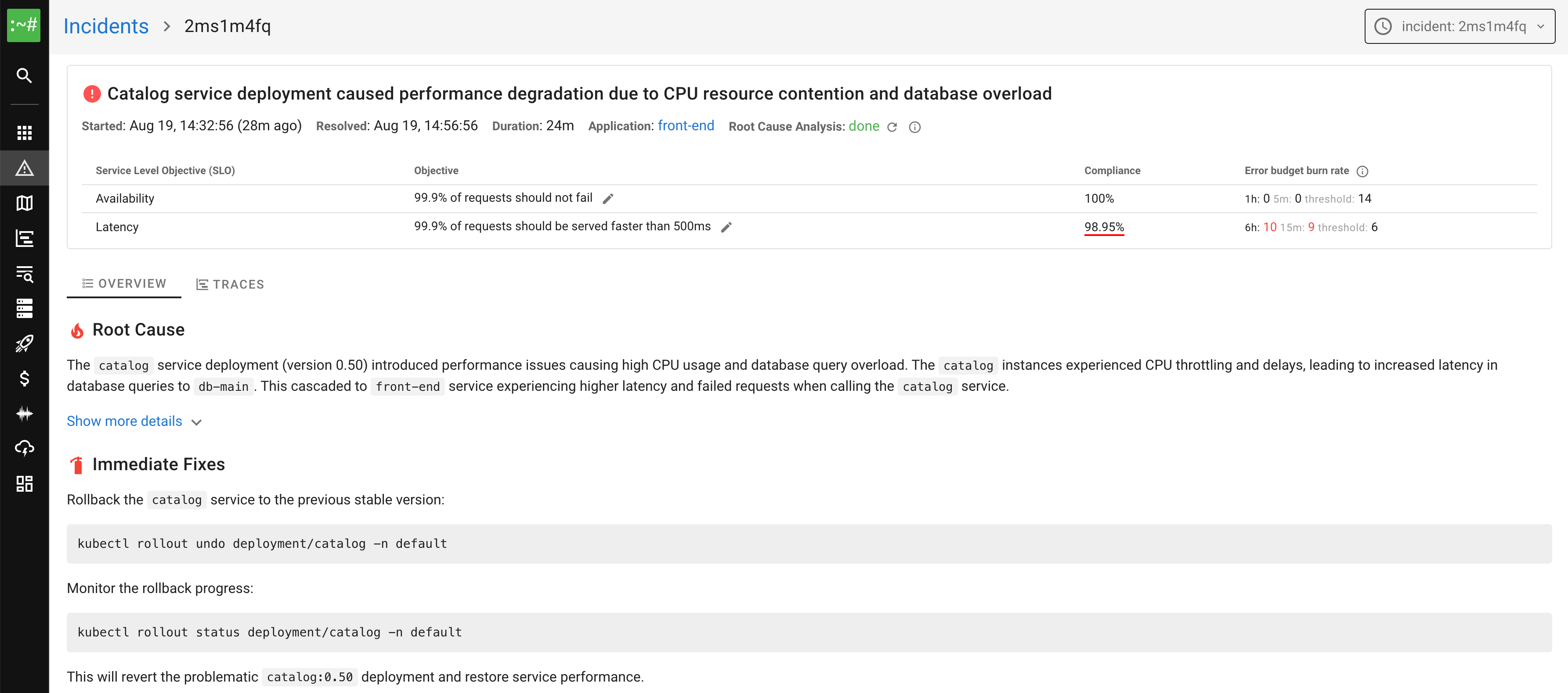 AI automated incident RCA showing root cause analysis with evidence