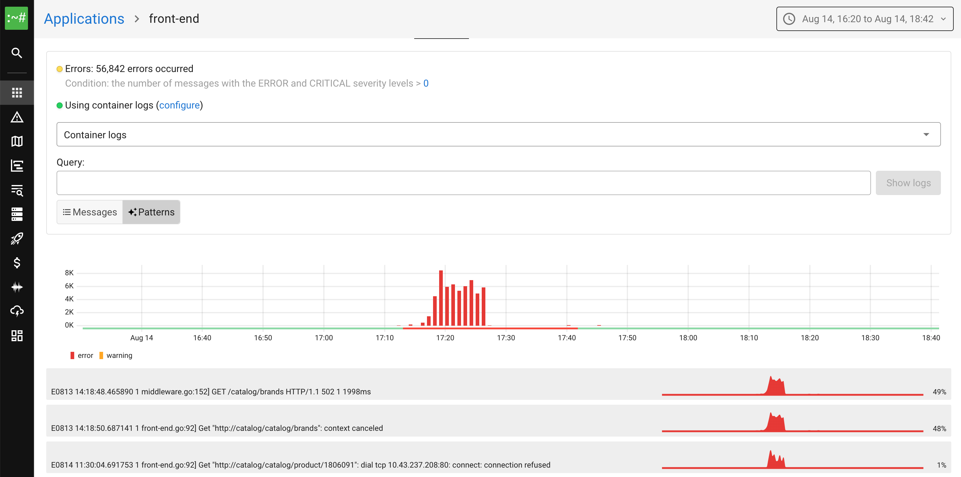 Coroot Smart Log Analysis showing contextual log filtering and automated issue correlation