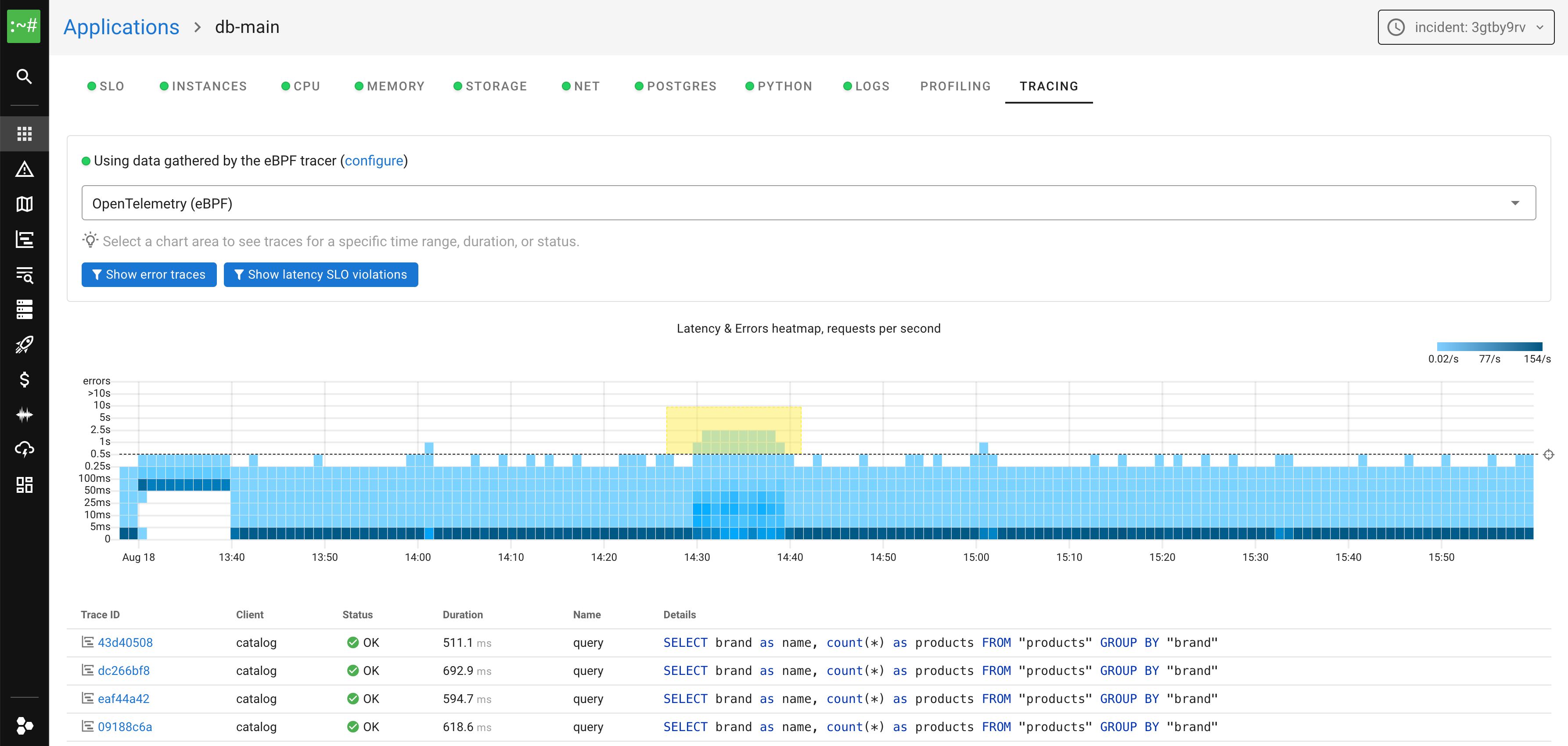 Coroot PostgreSQL query tracing showing latency heatmap and individual SQL query traces